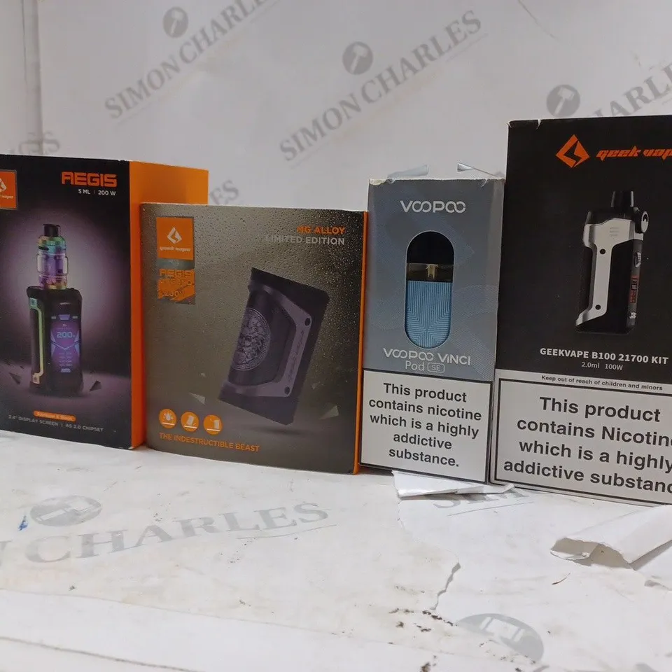 APPROXIMATELY 20 BOXED E-CIGARETTES TO INCLUDE AEGIS CHIPSET  , GEEK VAPE MG ALLOY , GEEK VAPE B100 21700 KIT  , ETC 