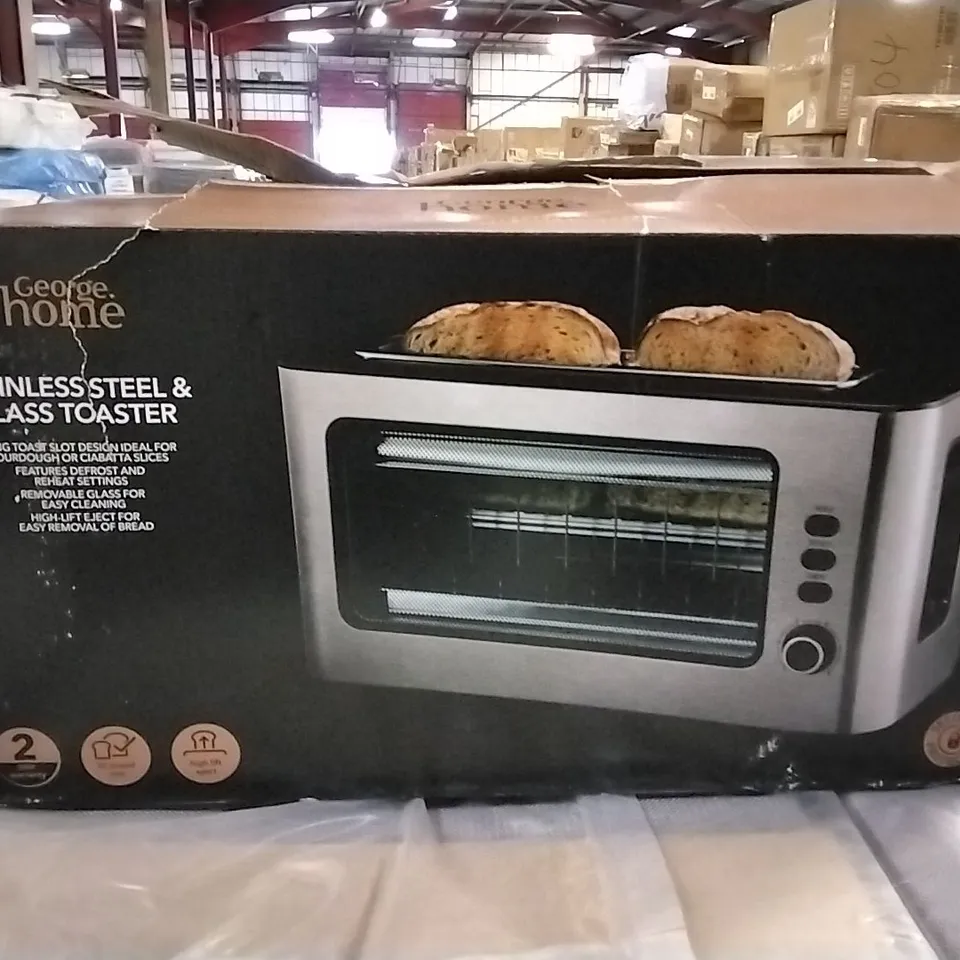 BOXED STAINLESS STEEL AND GLASS TOASTER