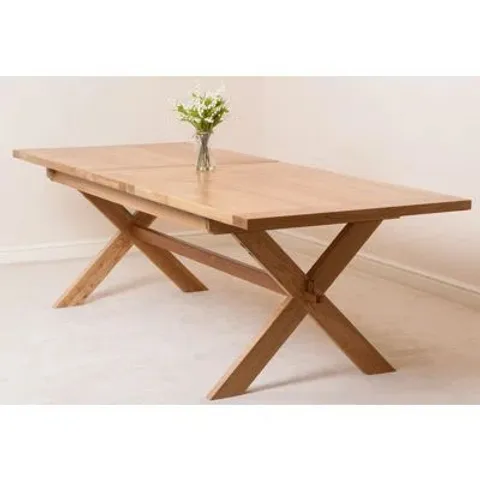 BOXED EXTENDABLE SOLID OAK TRESTLE DINING TABLE (2 BOXES)