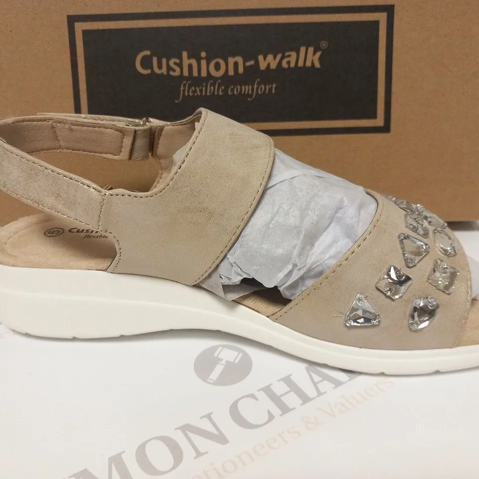 BOXED PAIR OF CUSHION WALK JEWELLED SANDALS IN GOLD - SIZE 5