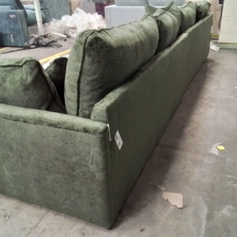 QUALITY DESIGNER 4 SEATER FABRIC UPHOLSTERED GREEN CRUSHED VELVET EFFECT SOFA