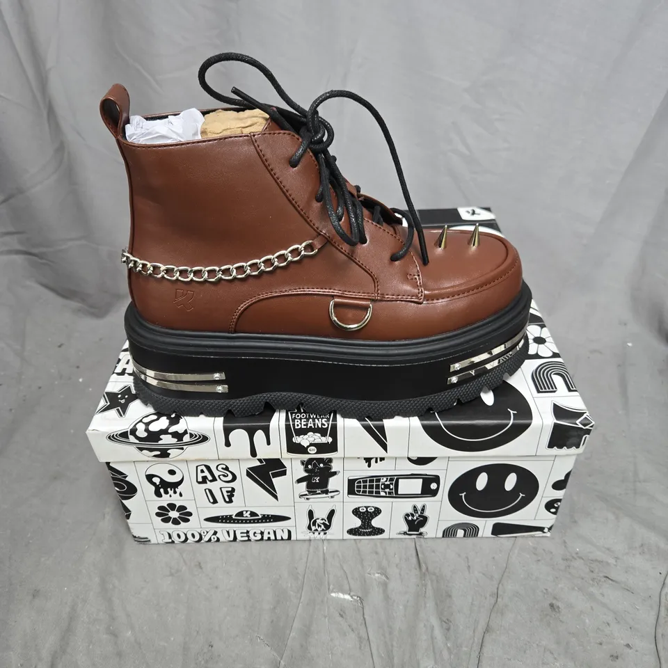 BOXED PAIR OF KOI THE SILENCE PLATFORM GRUNGE BOOTS IN BROWN - UK 4