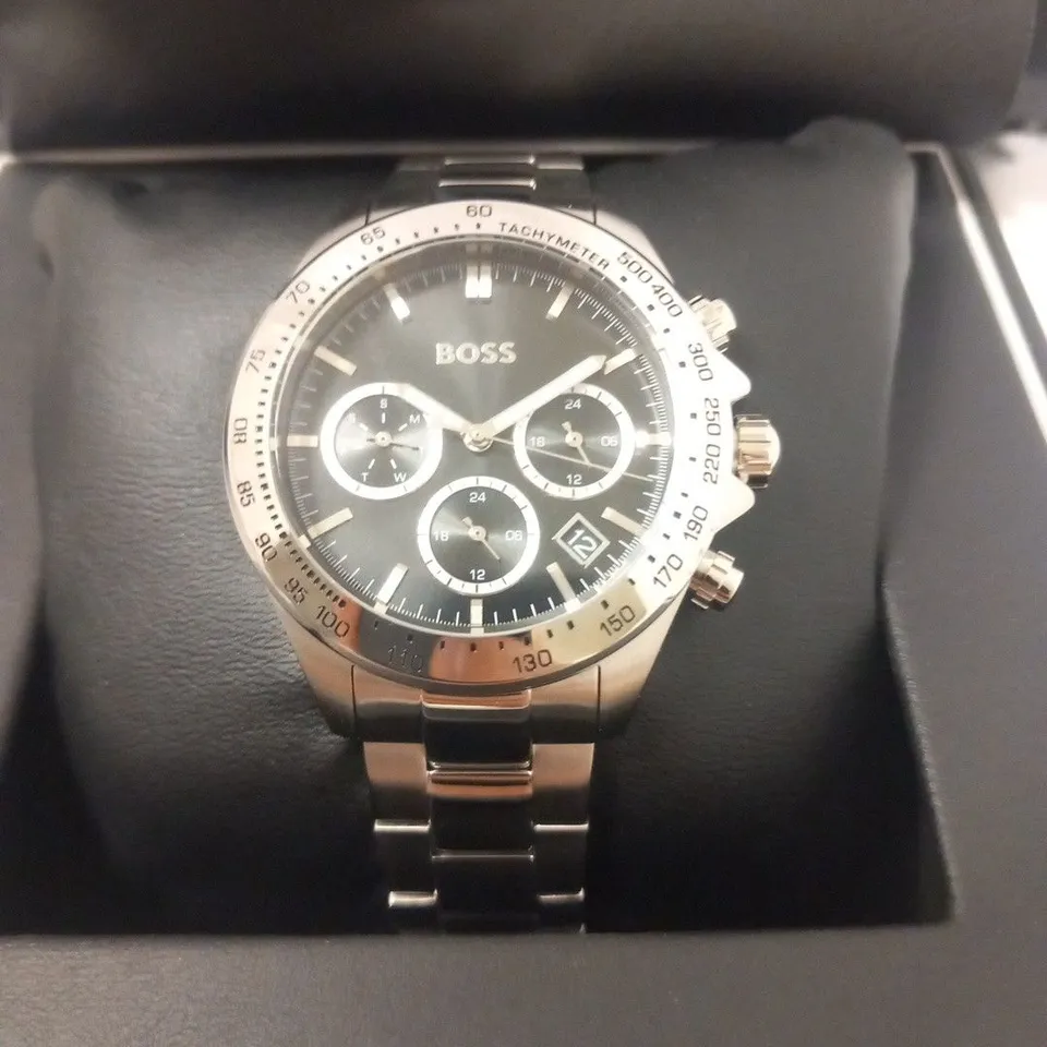 BOXED HUGO BOSS NOVIA BLACK CHORONOGRAPH WRIST WATCH