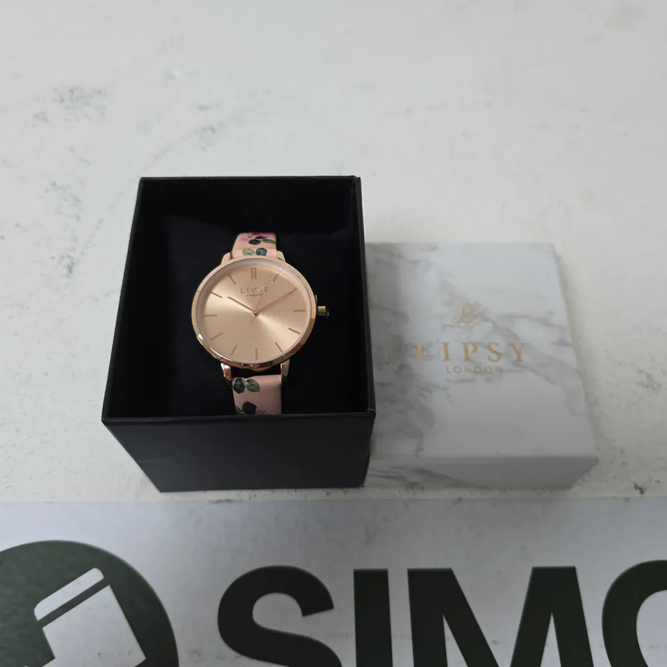 BOXED LIPSY LONDON ROSE GOLD WATCH WITH PINK FLORAL STRAP