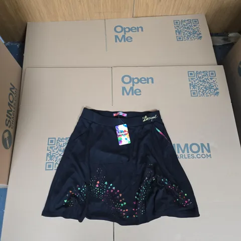 DESIGUAL WOMEN'S BLACK SKIRT WITH MULTICOLOUR HEM EMBELLISHMENT – SIZE XL