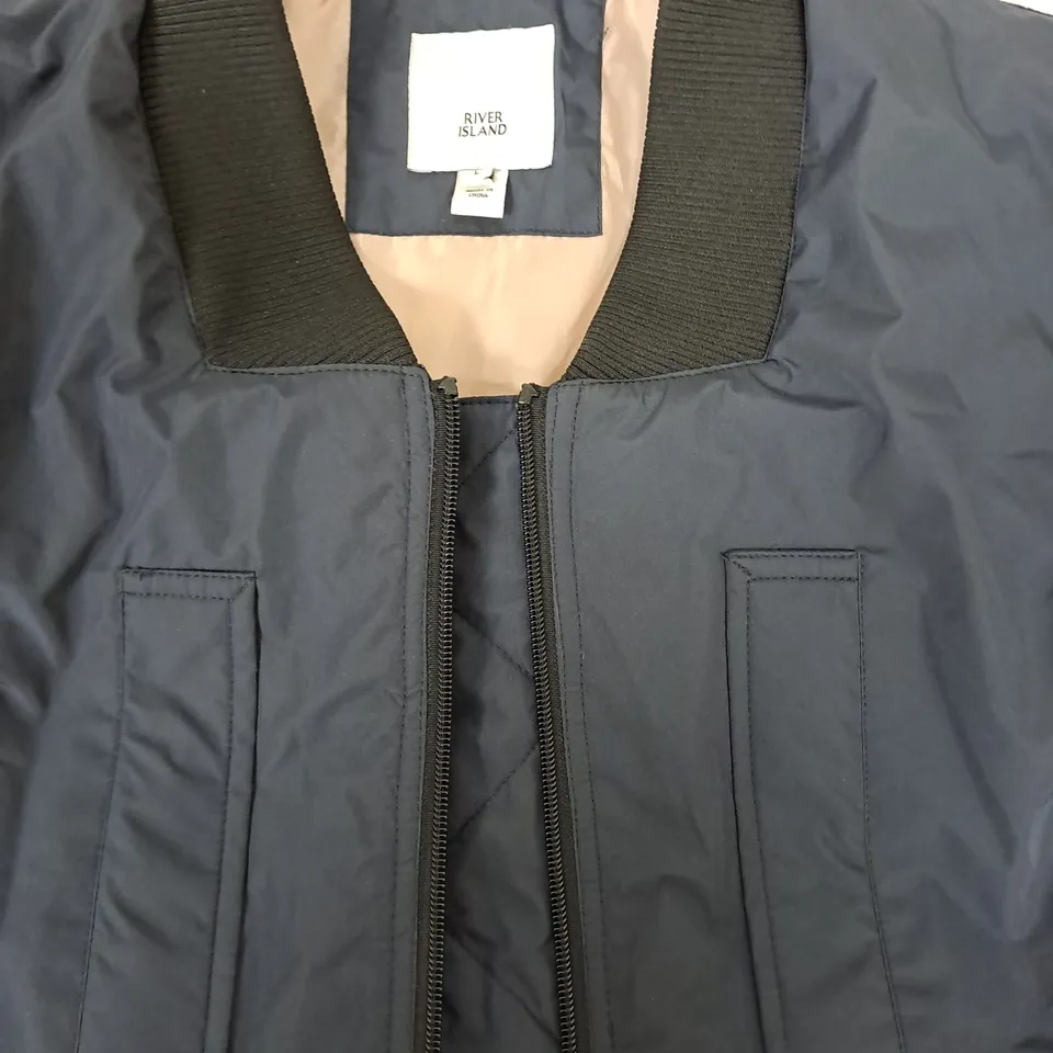 RIVER ISLAND NAVY COLLARLESS COAT - L