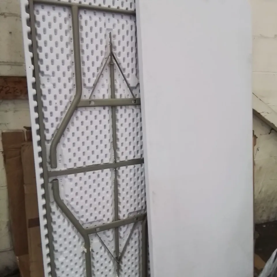 TWO FOLDING METAL FRAMED PLASTIC TOP TABLES