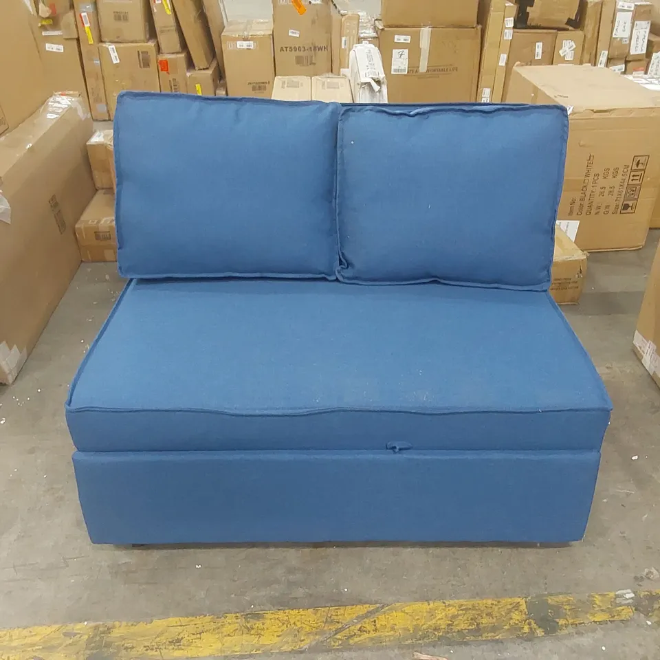 DESIGNER 2 SEATER FABRIC UPHOLSTERED SOFA BED - BLUE