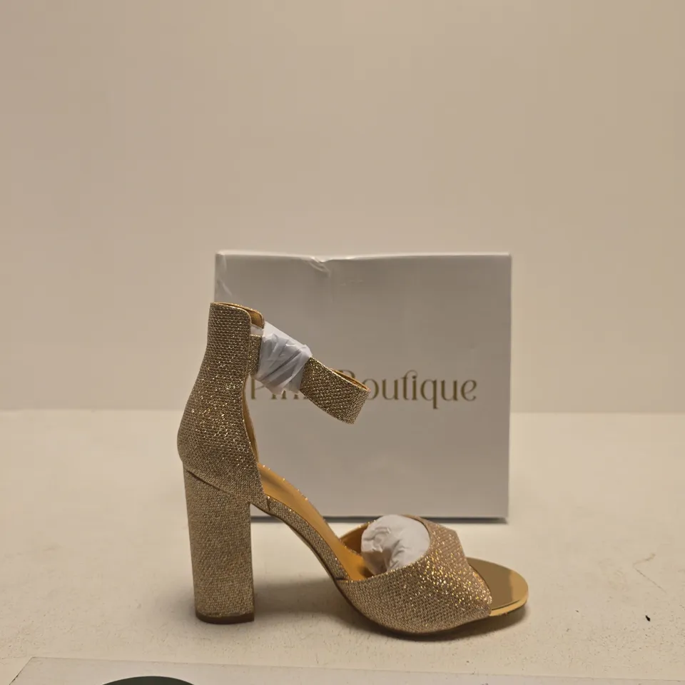 PINK BOUTIQUE GOLD GLITTER HIGH HEEL SANDALS – OPEN TOE, ANKLE STRAP SIZE UK 7