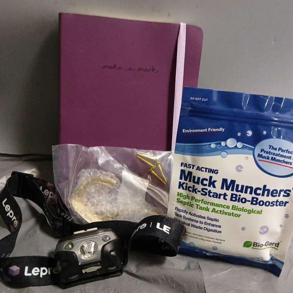 APPROXIMATELY 12 ASSORTED HOUSEHOLD ITEMS TO INCLUDE HEADLAMP, MUCK MUNCHERS KICK-START BIO-BOOSTER, COAT HANGER, ETC