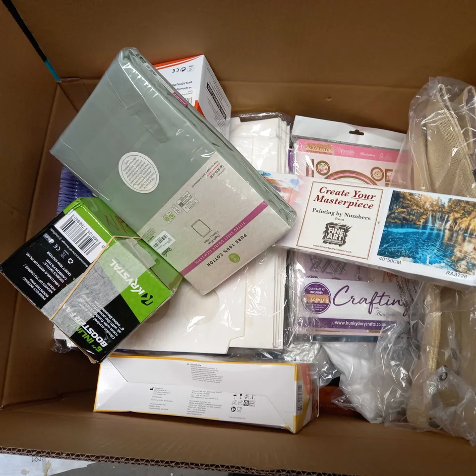LOT OF APPROXIMATELY 20 ITEMS TO INCLUDE KRYSTAL VENTILATION 6" INLINE BOOSTER FAN, DUNELM PURE 100% COTTON FITTED DOUBLE SHEET, SKYEGLE ELECTRIC AIR PUMP, ETC