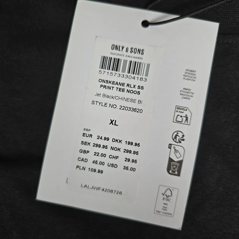 ONLY & SONS BLACK T-SHIRT XL WITH BIRD & FLORAL GRAPHIC
