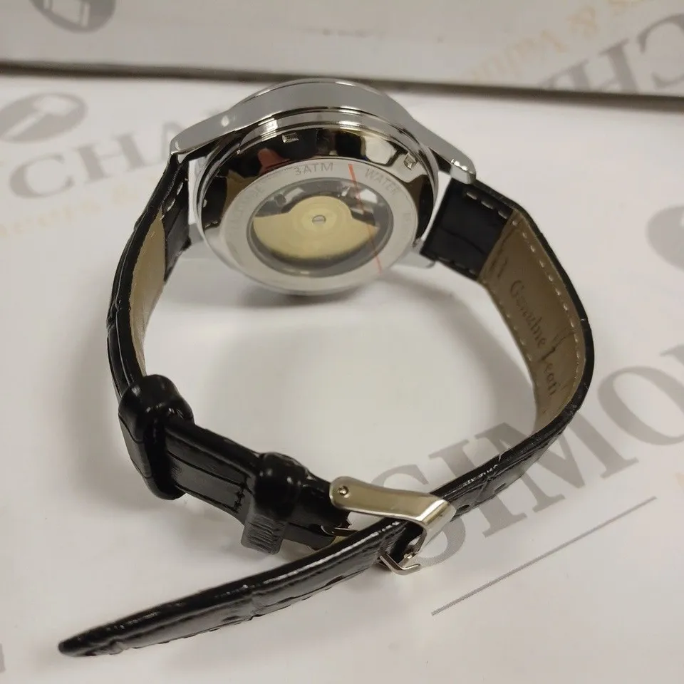 MENS LOUIS LACOMBE AUTOMATIC WATCH – SKELETON DIAL – GLASS EXHIBITION BACK CASE – LEATHER STRAP