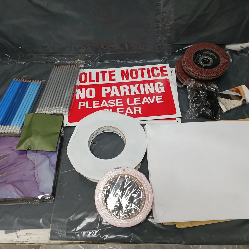 BOX OF APPROXIMATELY 8 ASSORTED ITEMS TO INCLUDE - PARKING SIGNS, ESTRID WALL HOLDER, AND PENCILS ETC.