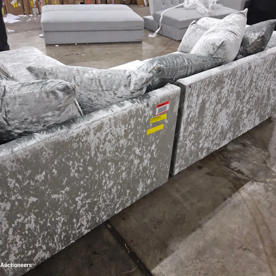 DESIGNER CHAISE SOFA WITH SCATTER CUSHIONS CRUSHED SILVER VELVET
