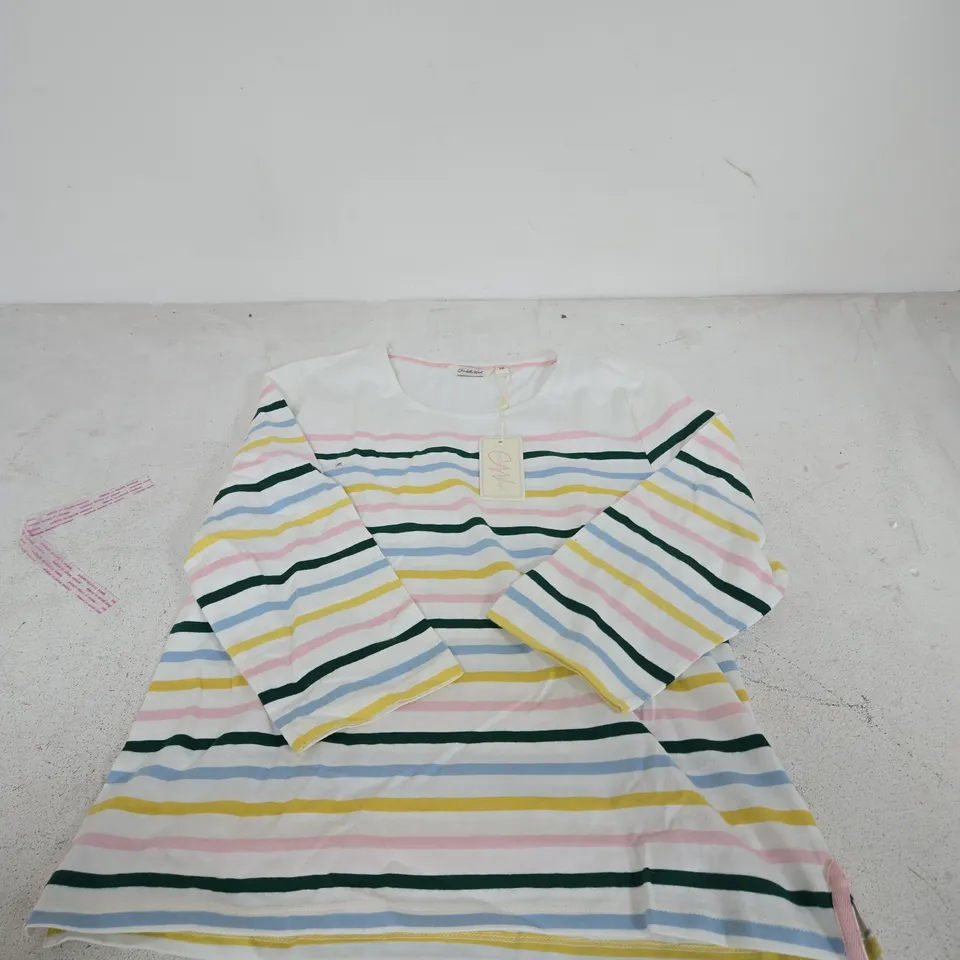 CHARLOTTE WEST STRIPED LONG-SLEEVE TOP, WHITE WITH MULTICOLOURED STRIPES, UK SIZE 18