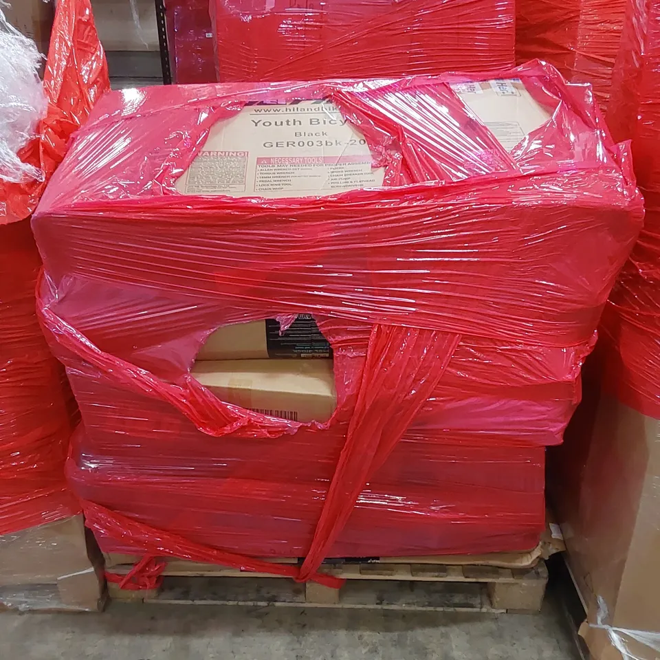 PALLET OF ASSORTED HOUSEHOLD ITEMS AND CONSUMER PRODUCTS. INCLUDING; YOUTH BICYCLE, TV WALL MOUNT, OFFICE CHAIR, BOXED FURNITURE ETC 