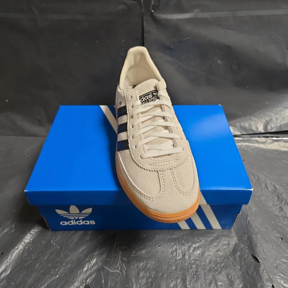 ADIDAS HANDBALL SPEZIAL WOMEN'S SNEAKERS – BEIGE SUEDE WITH BLACK STRIPES, UK 6.5
