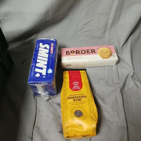 APROXIMATELY 14 ASSORTED FOOD ITEMS INCLUDING JAVA HOUSE COFFEE, COVONIA REMEDIES, BORDER WAFERS AND SMINTS