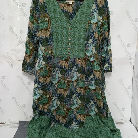 WHITE STUFF BUTTON NATURE PATTERN SHIRT DRESS IN GREEN MULTI - UK 14