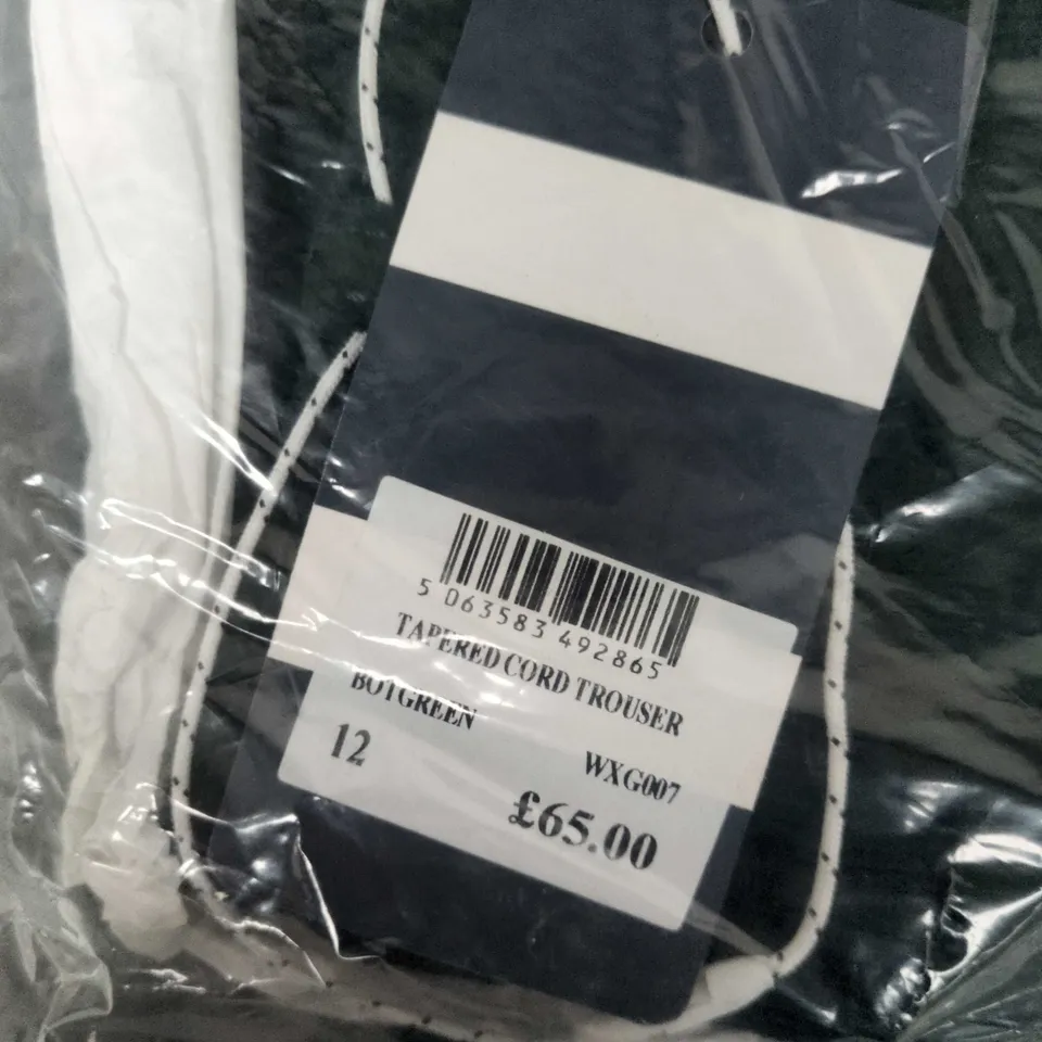 BAGGED CREW CLOTHING COMPANY TAPERED CORD TROUSER – DARK GREEN, UK 12