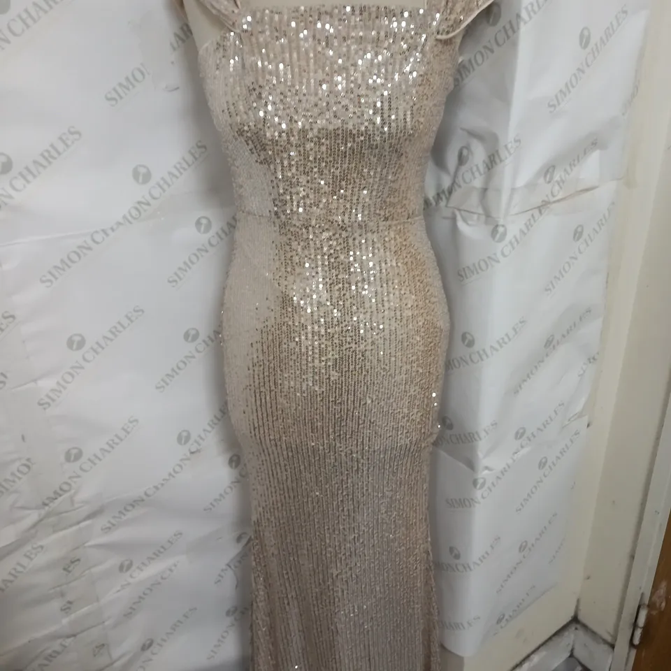 COAST SEQUIN BARDOT BRIDESMAID MAXI DRESS IN CHAMPAGNE SIZE 8