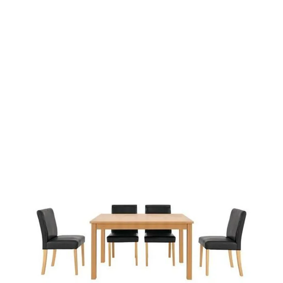 BOXED GRADE NEW PRIMO 120CM DINING TABLE AND 4 PVC CHAIRS BLACK/OAK (2 BOXES)