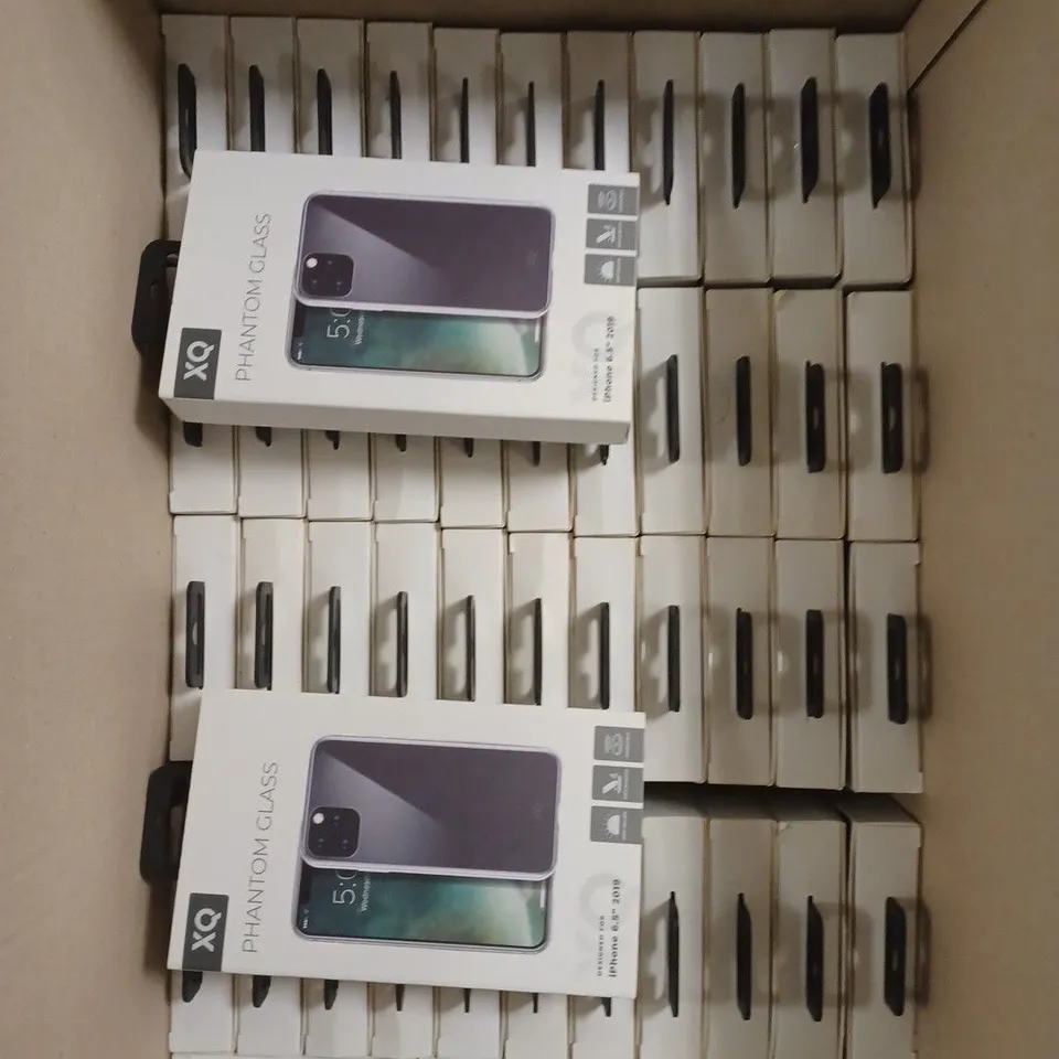 APPROXIMATELY 40 BRAND NEW BOXED XQISIT PHANTOM GLASS PROTECTIVE CASES FOR IPHONE 6.5" 2019 MODEL 