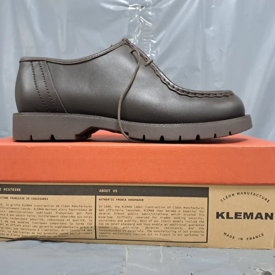 BOXED PAIR OF KLEMAN SHOES IN DARK BROWN SIZE EU 44