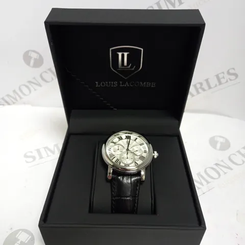 MENS LOUIS LACOMBE CHRONOGRAPH WATCH – MULTI FUNCTION DIAL WITH DATE – ROMAN NUMERAL DIAL – LEATHER STRAP 