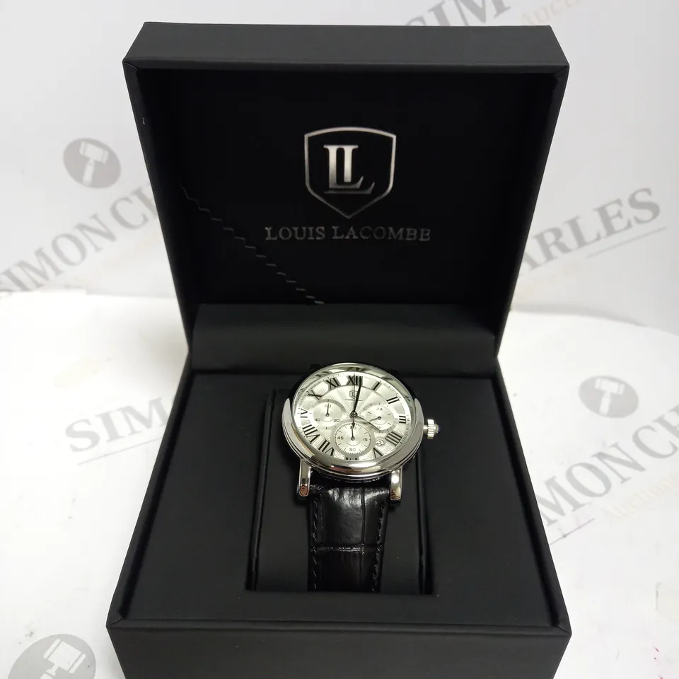 MENS LOUIS LACOMBE CHRONOGRAPH WATCH – MULTI FUNCTION DIAL WITH DATE – ROMAN NUMERAL DIAL – LEATHER STRAP 