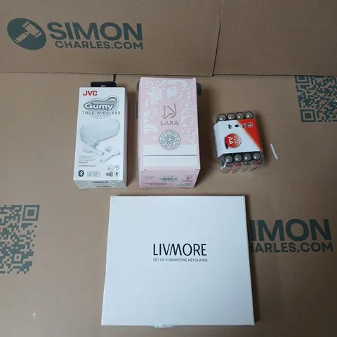 LARGE QUANTITY OF ASSORTED ITEMS TO INCLUDE BATTERIES, GEMSTONE KEYCHAINS, PERFUME & EARPHONES ETC  - COLLECTION ONLY