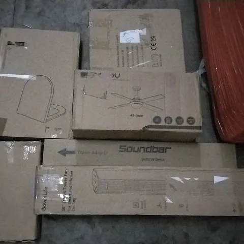 PALLET OF ASSORTED ITEMS INCLUDING 36" SMART TOWER FAN, TOILET SEAT, SOUNDBAR, GARDEN WINDMIL, LED CEILING FAN, FOLDABLE SHOPPING TROLLEY