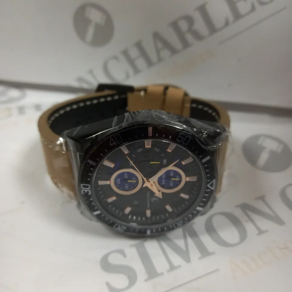 MENS LOUIS LACOMBE CHRONGRAPH WATCH – 3 SUB DIALS – BLACK CASE – LEATHER STRAP