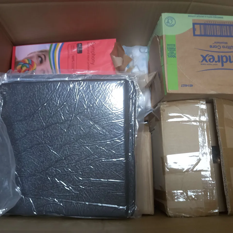 BOX OF APROXIMATELY 15 ASSORTED HOUSEHOLD ITEMS TOO INCLUDE TABLET CASES , JOURNALS , CASTERS , ETC 