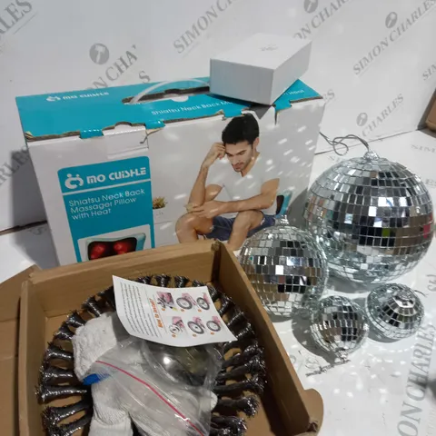 BOX OF ASSORTED ITEMS TO INCLUDE MASSAGER, DISCO BALLS, DRILL PIECE ETC