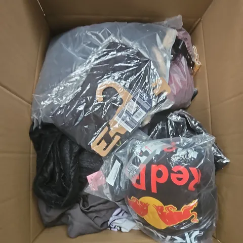 LARGE BOX OF APPROXIMATELY 25 ASSORTED CLOTHING ITEMS IN VARIOUS COLOURS, STYLES AND SIZES - COLLECTION ONLY