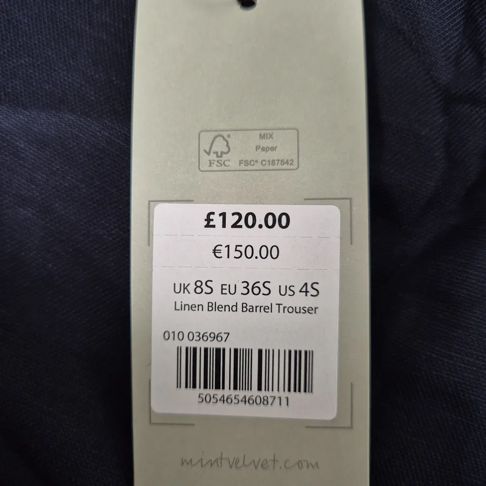 MINT VELVET LINEN BLEND BARREL TROUSERS – UK 8S (EU 36S) NAVY