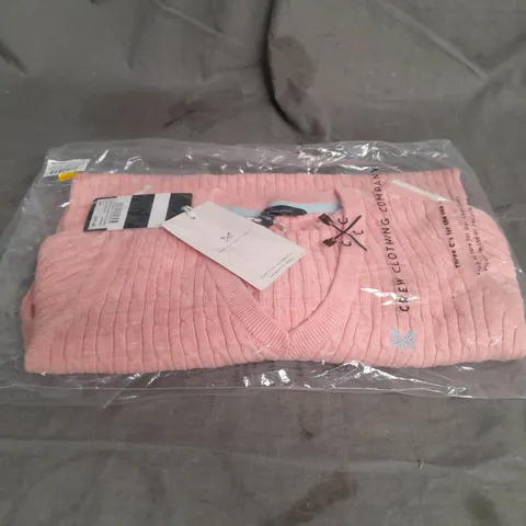 CREW CLOTHING COMPANY HERITAGE CABLE V NEK JUMPER IN PEACH MARL SIZE 14