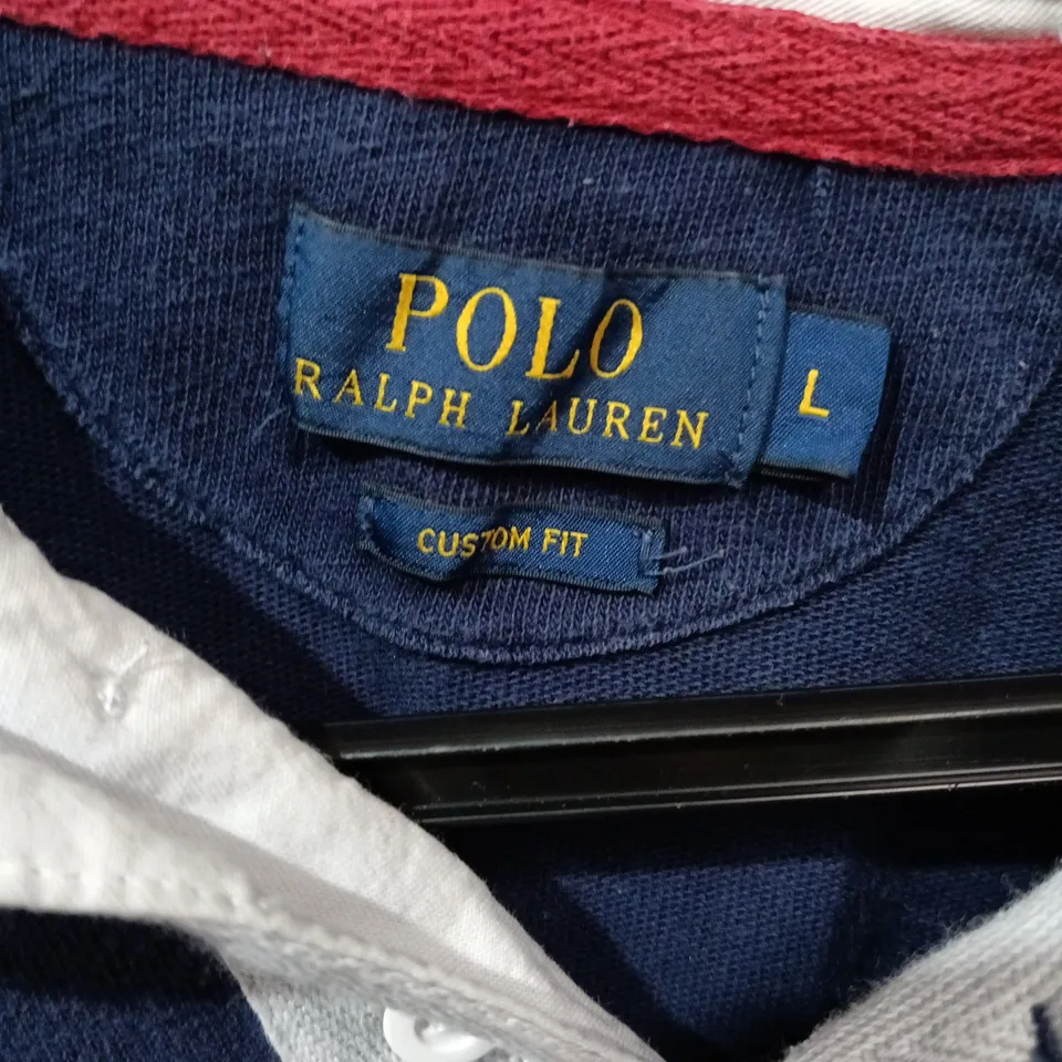 POLO RALPH LAUREN LONG SLEEVE POLO SHIRT – NAVY WITH WHITE COLLAR, SIZE L
