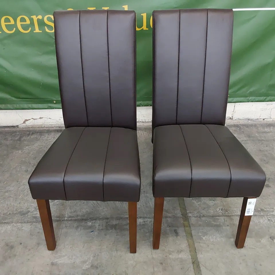 PAIR OF UPHOLSTERED DINING CHAIRS BROWN PU ON DARK WOOD LEGS