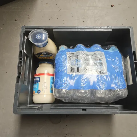 TOTE OF APPROXIMATELY 3 ASSORTED FOOD AND DRINK ITEMS TO INCLUDE SPRING WATER AND MAYONNAISE  