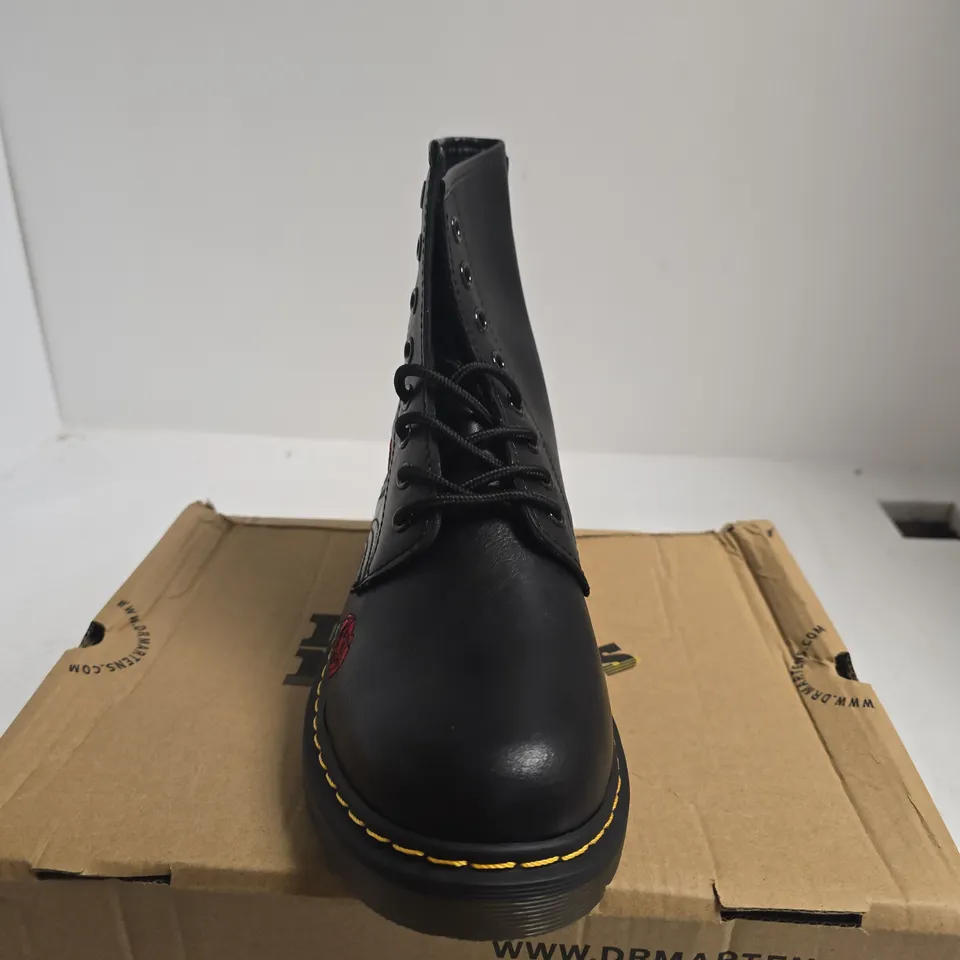 BOXED PAIR OF DR. MARTENS BLACK LEATHER BOOTS WITH RED ROSE EMBROIDERY, UK 7