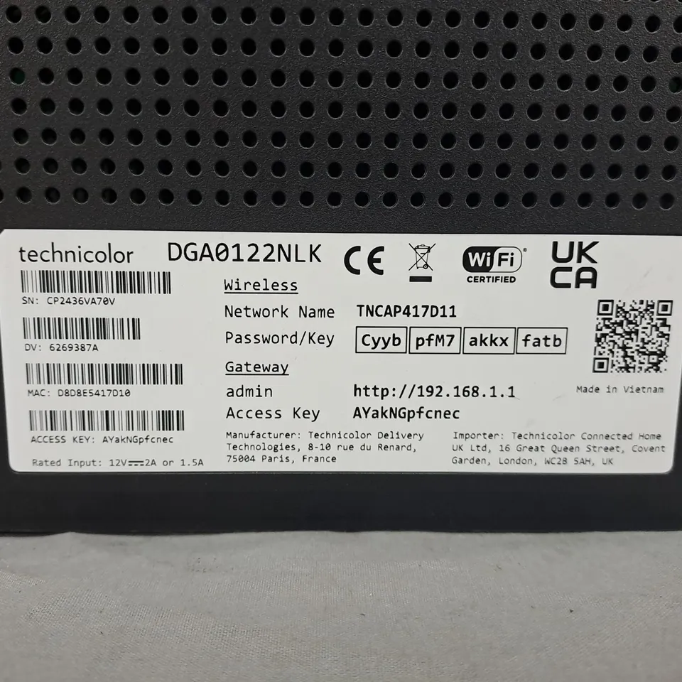 TECHNICOLOR DGA0122NLK WIRELESS GATEWAY (HOME NETWORKING)