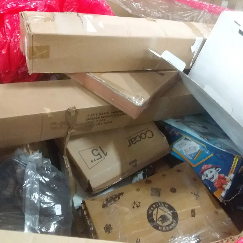 PALLET OF ASSORTED ITEMS INCLUDING PORTABLE TOILET, ROTISSERIE KIT, OAK FLOATING SHELF, QLF YUU BLACK SHOWER CURTAIN RAIL, DART GAME, NINTENDO SWITCH LITE CASEBOUND AND GREEN