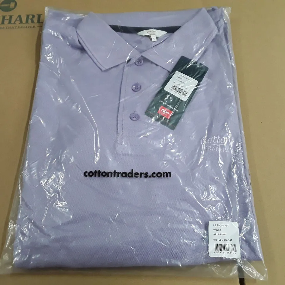 BAGGED COTTON TRADERS LS POLO SHIRT IN LILAC - UK L