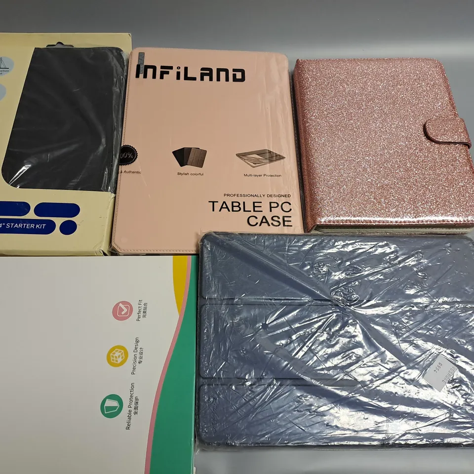 LOT OF 5 ASSORTED TABLET CASES TO INCLUDE LOGIK GALAXY TAB A7 AND GLITTER PINK FOLIO