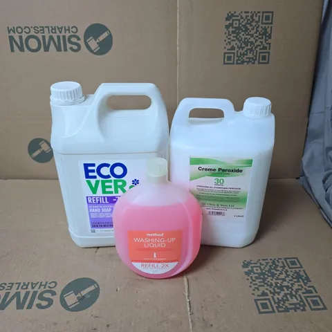 TOTE OF APPROXIMATELY 3 ASSORTED ITEMS TO INCLUDE ECO VER 5L, METHOD WASHING UP LIQUID, CREME PEROXIDE ETC