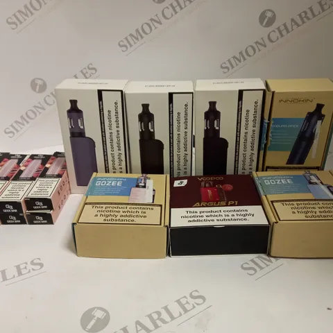 BOX OF APPROXIMATELY 30 ASSORTED VAPING KITS & DISPOSABLE VAPES IN VARIOUS FLAVOURS & BRANDS TO INCLUDE GEEK BAR, VOO-POO, INNOKIN ETC