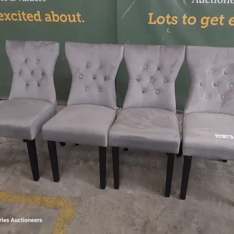 SET OF FOUR UPHOLSTERED BUTTONED RING BACK DINING CHAIRS GREY PLUSH FABRIC ON BLACK PAINTED LEGS 